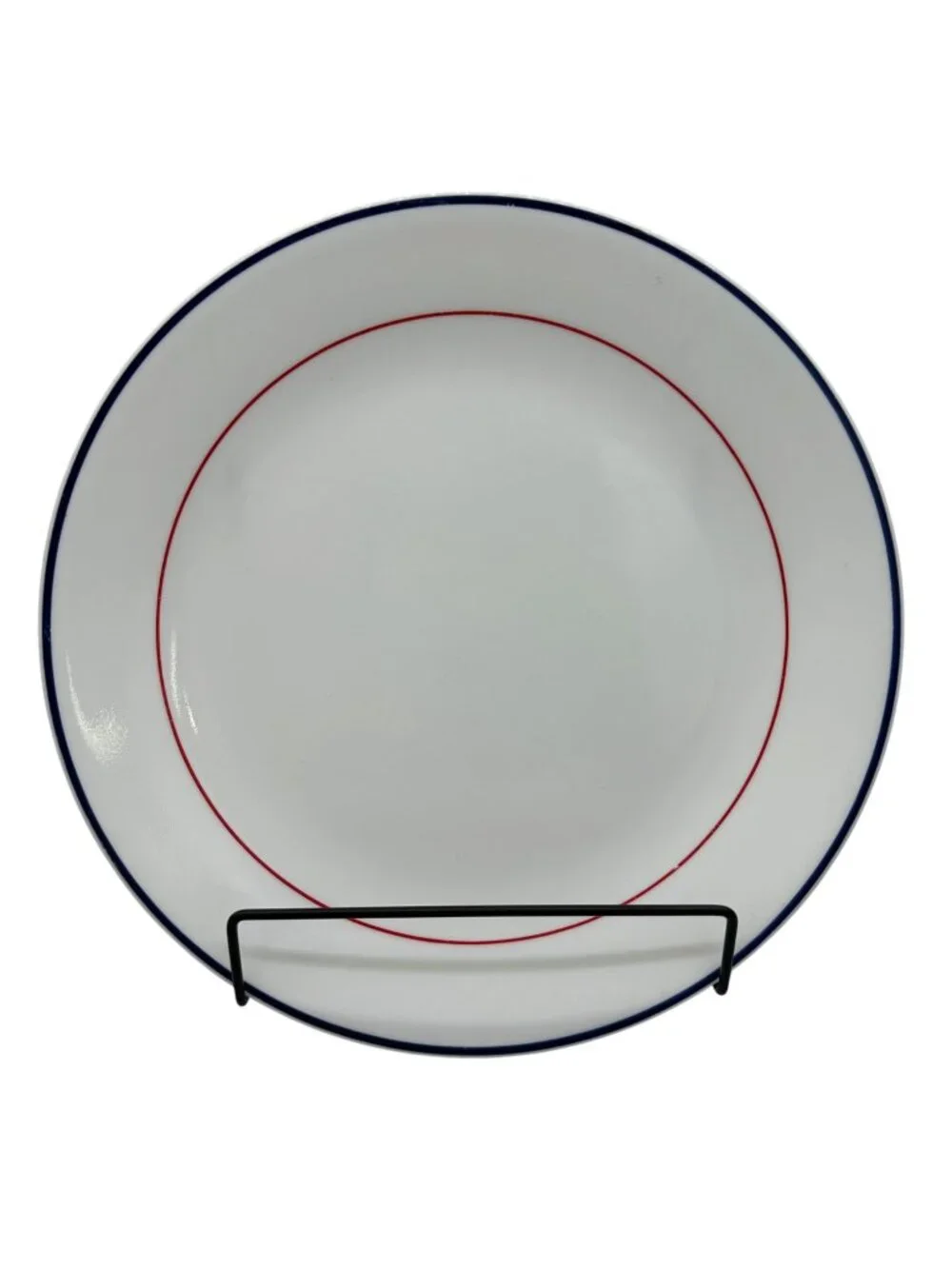 White Ceramic Plate With Red & Blue Accent Rings 10 Inch Dia Vtg Inspired Simple